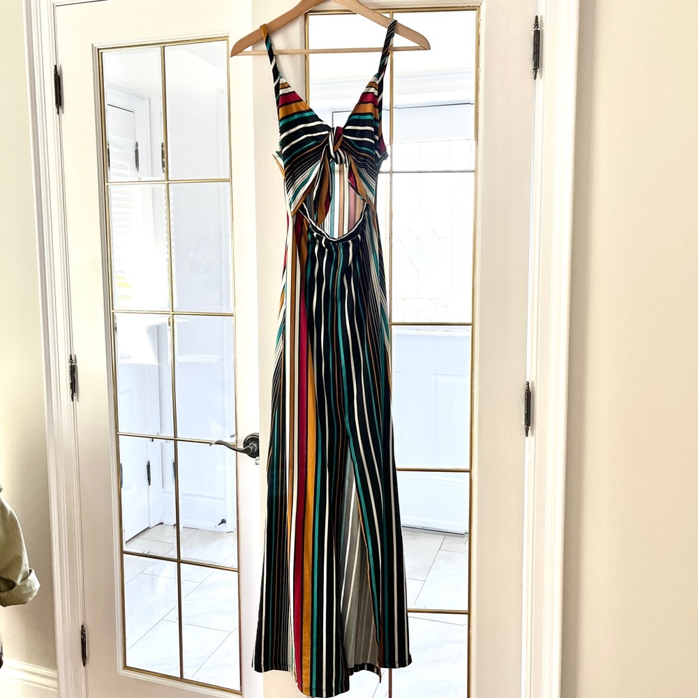 Striped Multi-Color Maxi Dress with Front Knot Detail - Picture 3 of 6